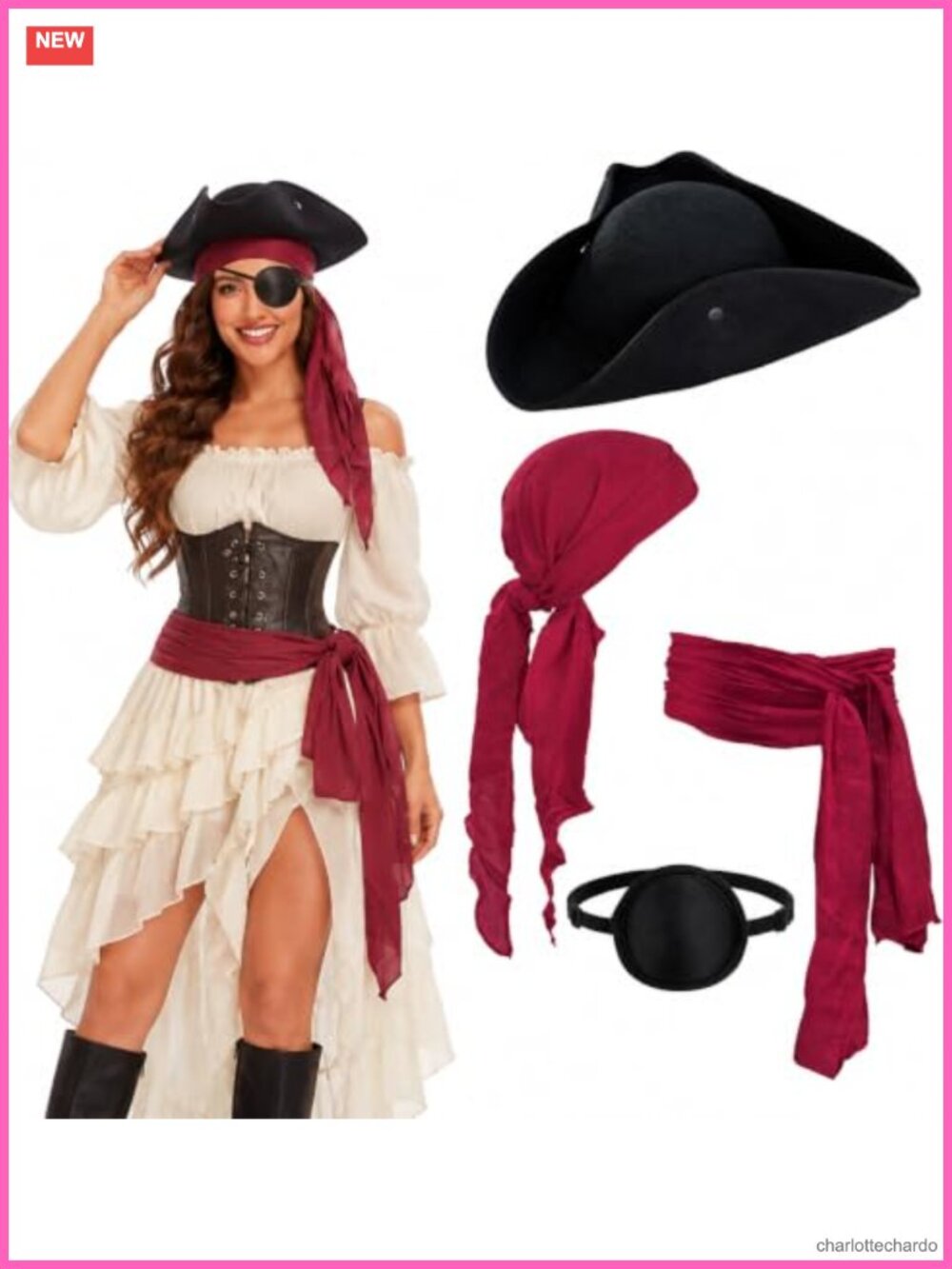 Pirate Costume Accessory Set Velvet Tricorn Hat Bandana Eye Patch Adults Unisex